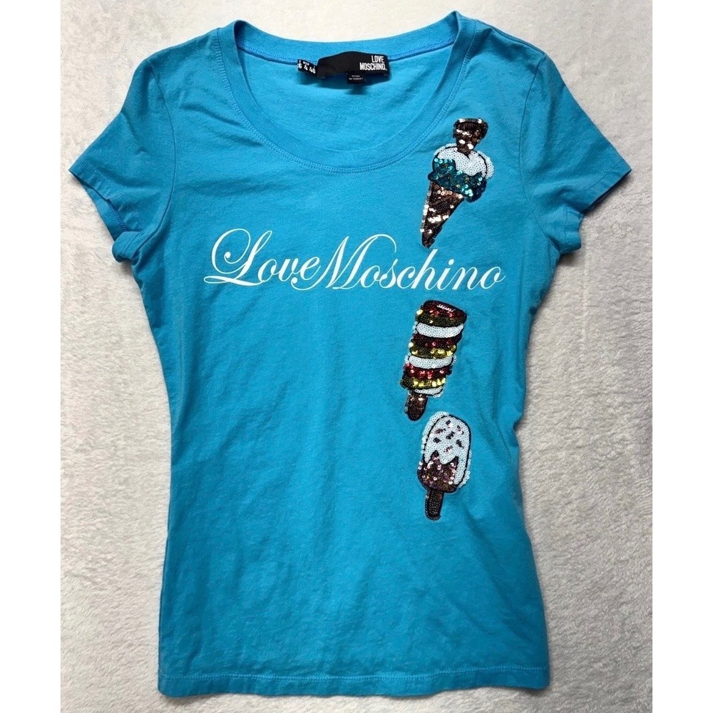 Love Moschino Womens Blue Sequin Ice Cream Logo Graphic T-Shirt Size US 4